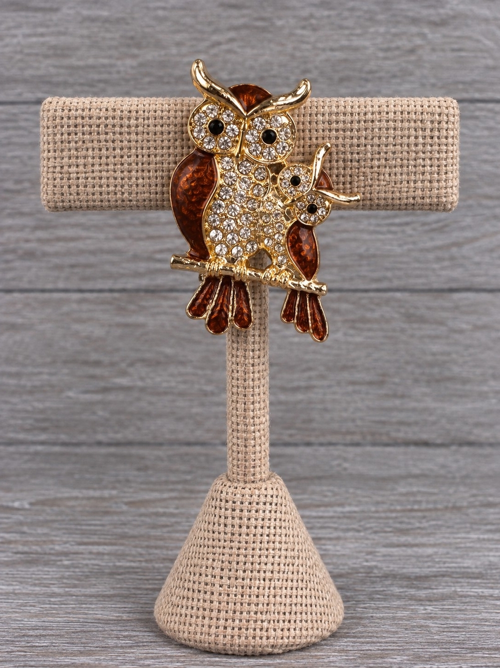 Gold and Brown Owl Rhinestone Brooch